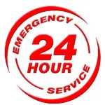 A red and white circle with the words emergency service 2 4 hour