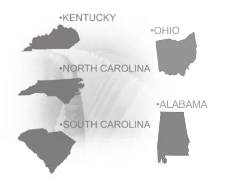 A map of the states that are in kentucky, ohio and north carolina.